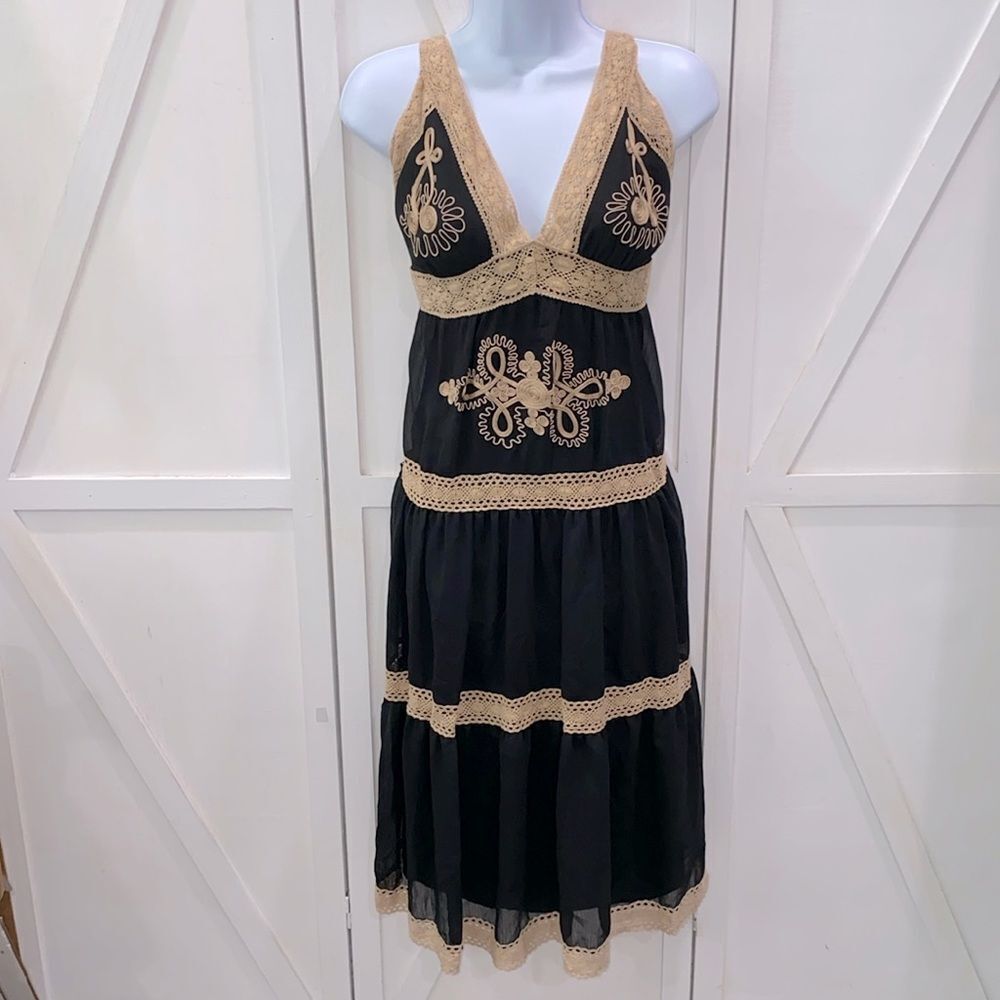 A.B.S. By Allen Schwartz Black Layered Dress With Tan Embroidered Trim